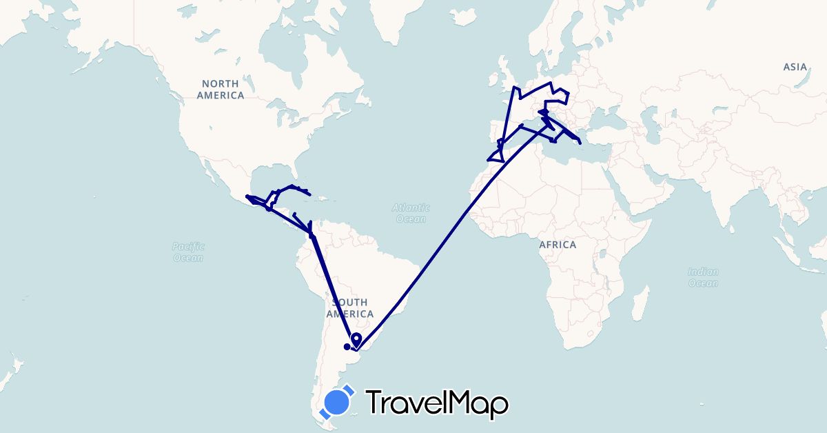 TravelMap itinerary: driving in Argentina, Austria, Belize, Colombia, Cuba, Czech Republic, Germany, Spain, France, United Kingdom, Greece, Guatemala, Hungary, Italy, Morocco, Mexico, Poland (Africa, Europe, North America, South America)